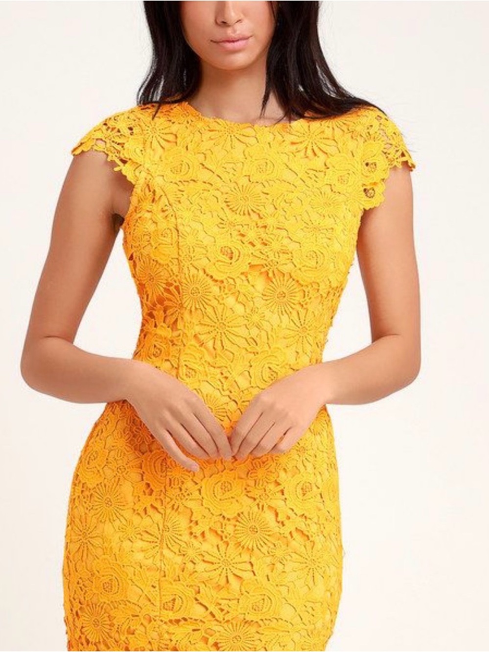 Floral Lace Cap-Sleeve Midi Dress in Bright Yellow